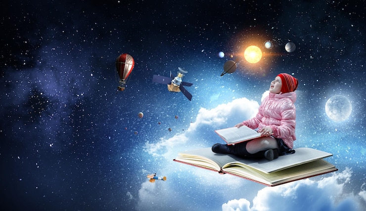 Photo petite fille lisant un livre. technique mixte