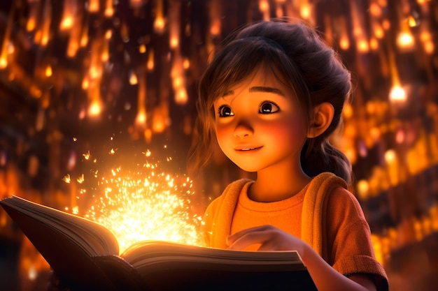 Photo une petite fille lit un livre avec une histoire magique générative ai