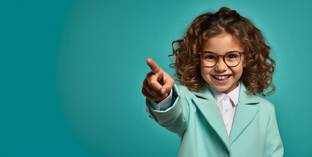 Une petite fille avec des lunettes pointant avec son index