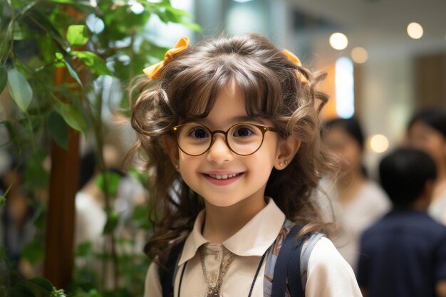 une petite fille avec des lunettes et un sac à dos