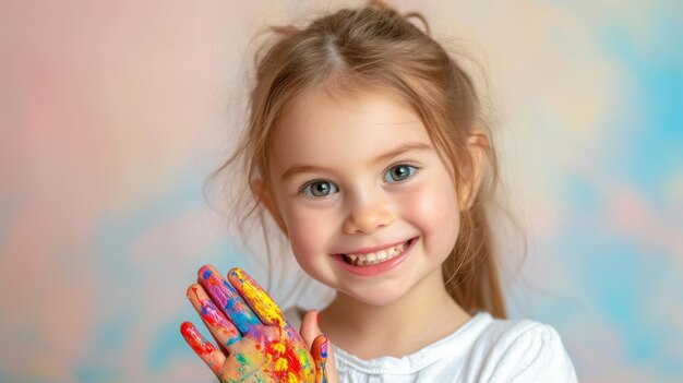 Une petite fille avec des mains peintes souriante.