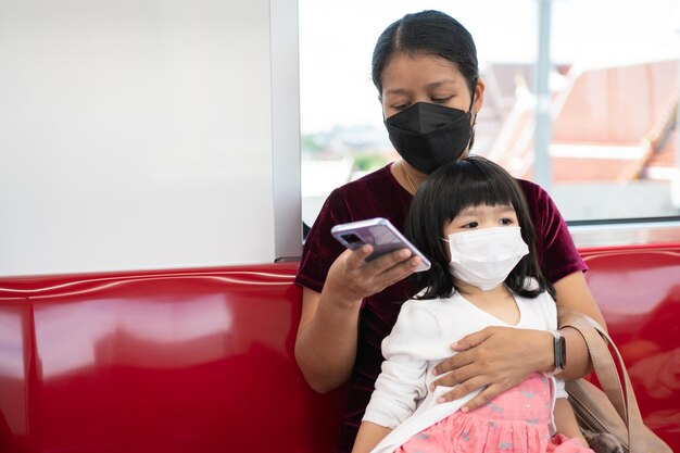 Petite fille et maman avec masque chirurgical protection du visage grippe et épidémie de virus transport en commun