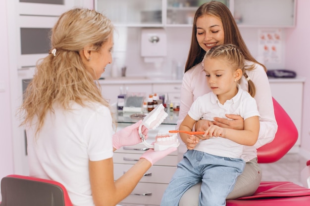 Petite fille avec maman visitant une dentiste à la clinique dentaire