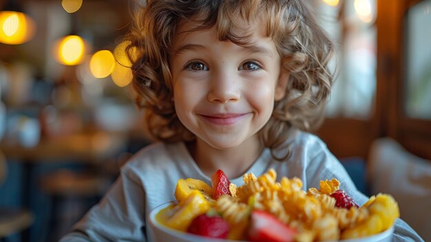 La petite fille mange à table