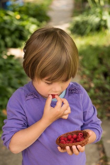 Photo petite fille, manger, framboises, depuis, les, panier, dans, jardin vert