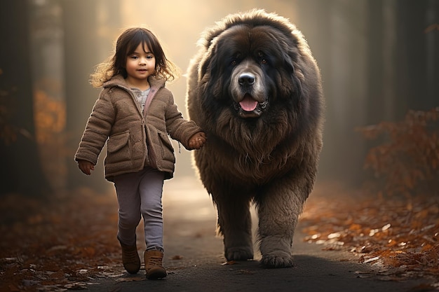 Petite fille marchant avec son meilleur ami Chien énorme