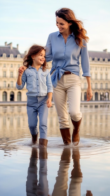 une petite fille marche dans une flaque d’eau.