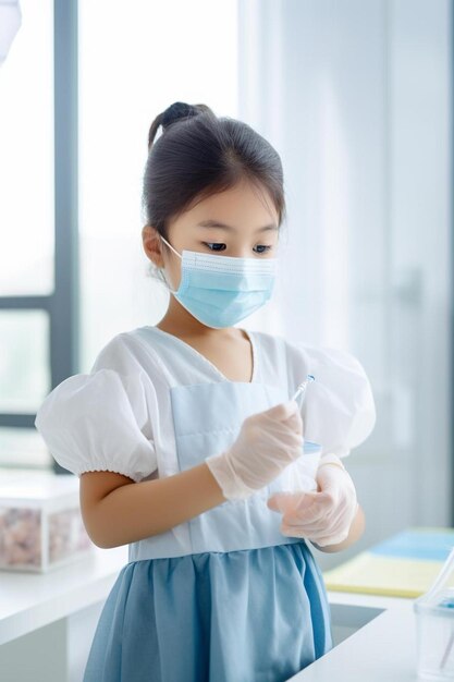 une petite fille avec un masque et une seringue à la main