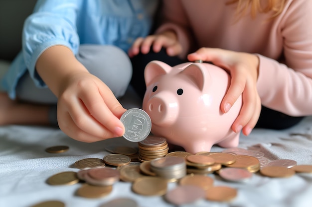 Photo petite fille et mère avec coffre et pièces de monnaie sur le lit en gros plan