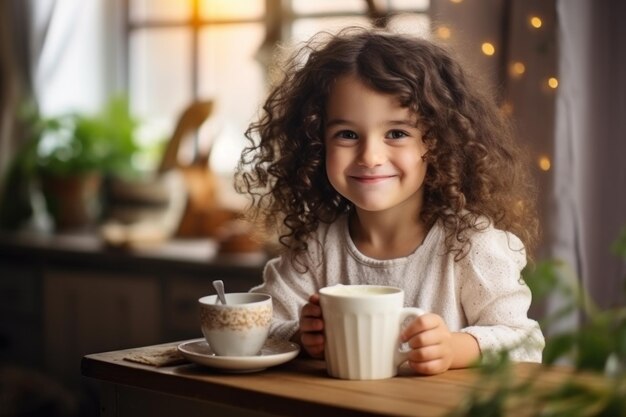 Une petite fille mignon enfant tenant une tasse de lait se sentir heureux profiter de boire du lait dans la cuisine