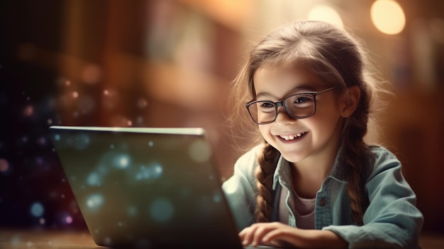 Petite fille mignonne assise et regardant dans son ordinateur portable Créé avec la technologie Generative AI