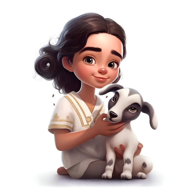 Petite fille mignonne avec une chèvre illustration rendue numériquement en 3D