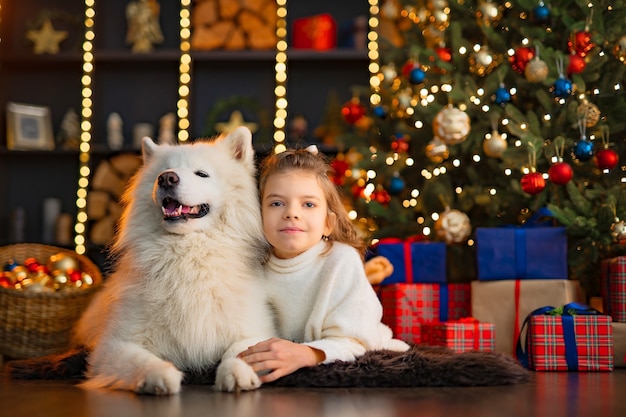 Petite fille mignonne avec un chien malamute blanc près de l'arbre de Noël.