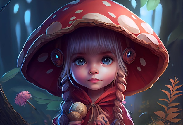 Petite fille mignonne dans un chapeau de champignon dans la forêt