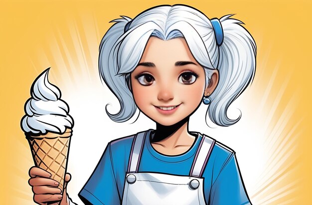 Petite fille mignonne de dessin animé mangeant un cornet de glace sur un fond clair