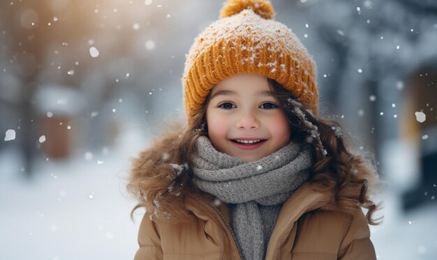 Une petite fille mignonne avec du froid et des flocons de neige Fêtes d'hiver Voyage de Noël