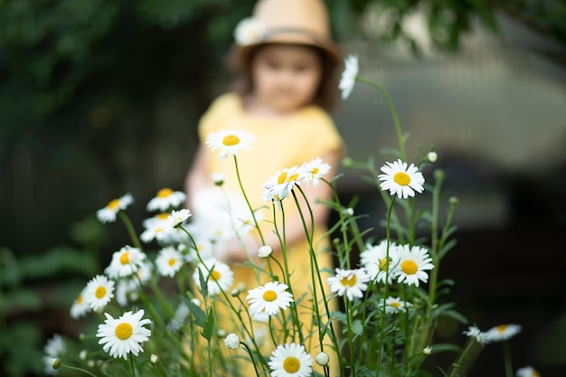 Petite fille mignonne avec de l'eau peut arroser des fleurs dans un jardin