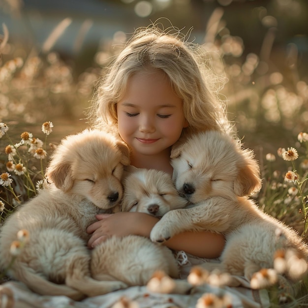 Photo une petite fille mignonne est assise près de sa maison en été et tient des chiots dans ses mains.