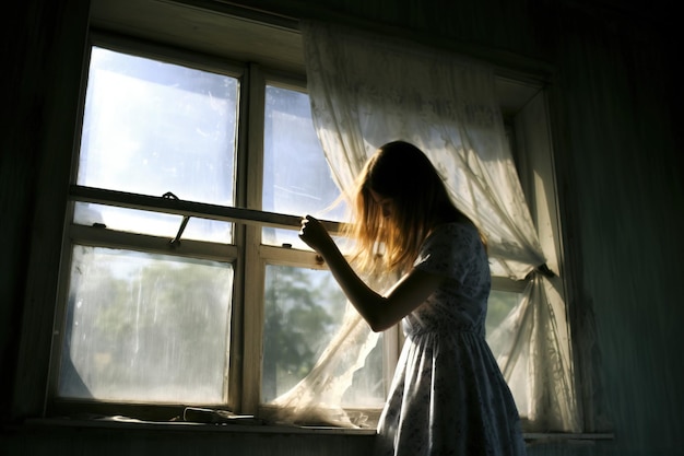 Une petite fille mignonne est seule et triste sous la pluie près de la fenêtre avec des gouttes réfléchie et déprimée