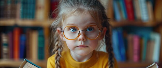 Une petite fille mignonne avec des lunettes drôles et quelques livres.