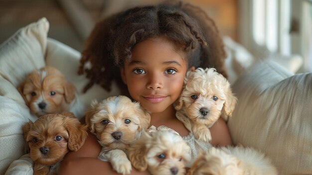 Une petite fille mignonne à la peau noire est assise sur le canapé dans le salon et tient des chiots