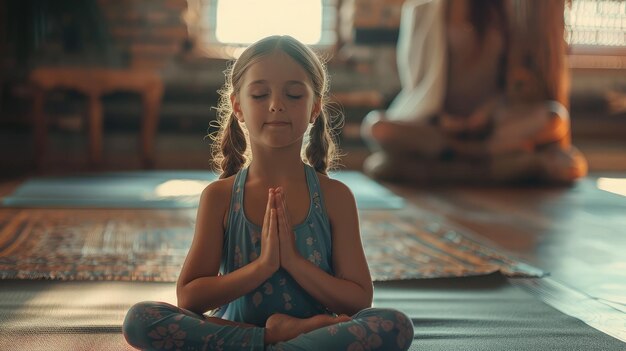 Photo une petite fille mignonne pratiquant la pose de yoga sur un tapis à l'intérieur