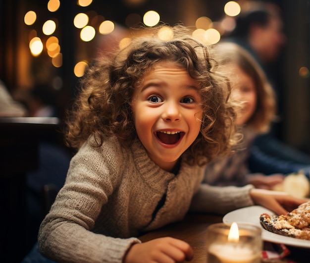 Une petite fille mignonne qui a l'air très heureuse et surprise. La bouche ouverte.