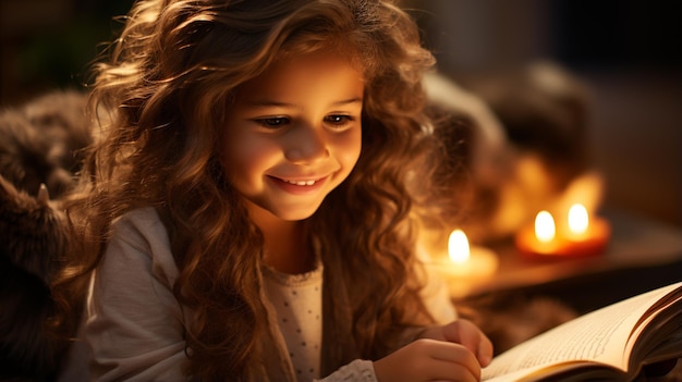 Une petite fille mignonne qui lit la Bible.