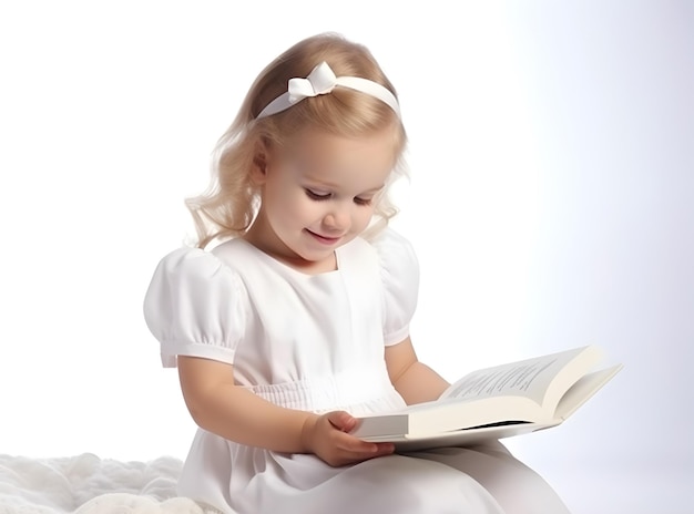 Une petite fille mignonne qui lit le livre de la Bible Le culte à la maison