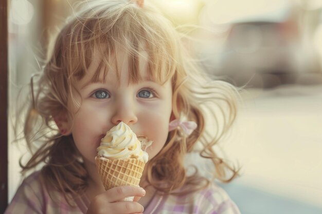 Une petite fille mignonne qui mange de la crème glacée