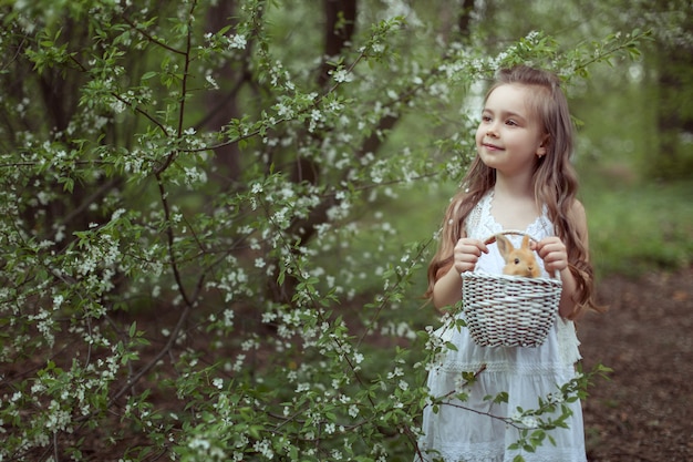 Petite fille mignonne se tient dans la forêt et tient un panier avec un lapin dans ses mains.