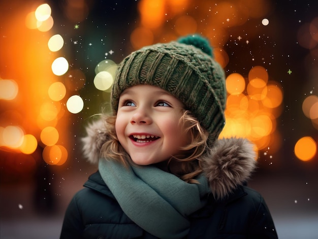 Photo une petite fille mignonne avec un visage heureux portant un chapeau chaud et une veste chaude bokeh lumières de noël