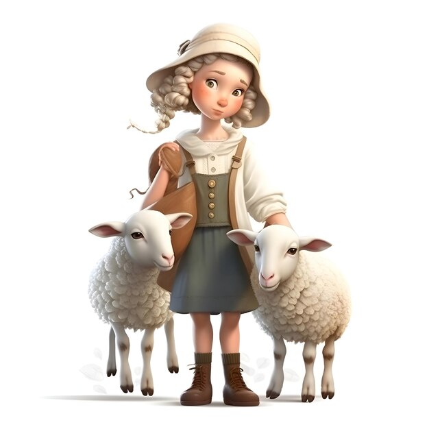 Petite fille avec des moutons sur un fond blanc rendu 3D