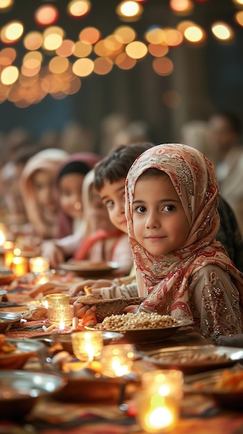 Une petite fille musulmane avec sa famille pendant la célébration du Ramadan Kareem