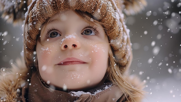 Photo la petite fille en neige avec un chapeau et un foulard