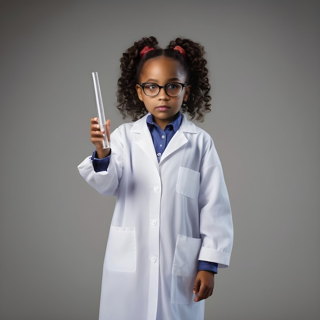 Une petite fille noire américaine habillée en professeur de sciences se tient avec un tube à essai dans la main