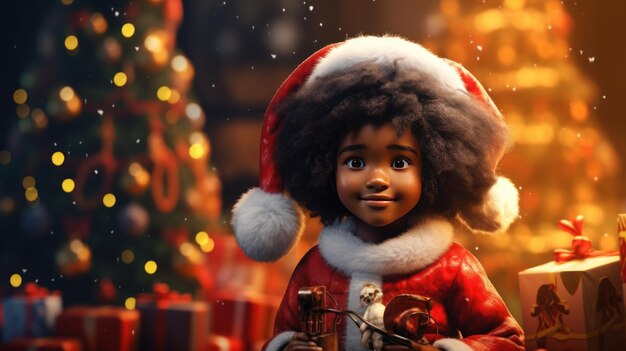 Une petite fille noire habillée en Père Noël. Joyeux Noël.