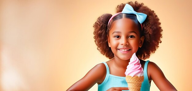 Une petite fille noire heureuse tient un cornet de glace à la fraise dans sa main, un gros plan de bannière