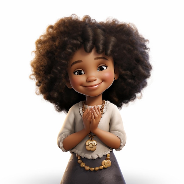 Une petite fille noire avec un look afro reconnaissant sur fond blanc style pixar