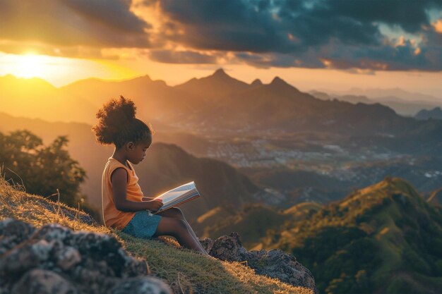 Une petite fille noire mignonne qui lit un livre sur fond.