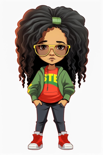 Photo petite fille noire portant des lunettes de t-shirt et de short curly rapper 3d hip hop style ai generated