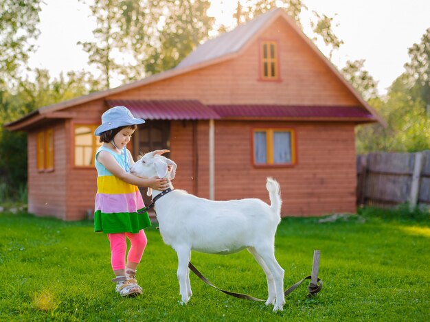 Une petite fille nourrit une chèvre sur la pelouse un été ensoleillé