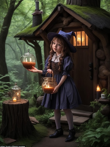 Petite fille la nuit Une maison fabuleuse La jeune fille tient une vieille lanterne et un ours en peluche Magasin pour enfants