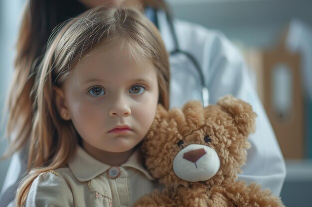 Une petite fille avec un ours en peluche regarde la caméra, une médecin en arrière-plan.