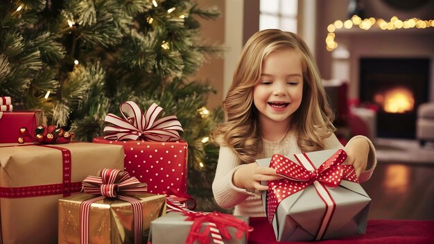 Photo la petite fille ouvre les cadeaux.