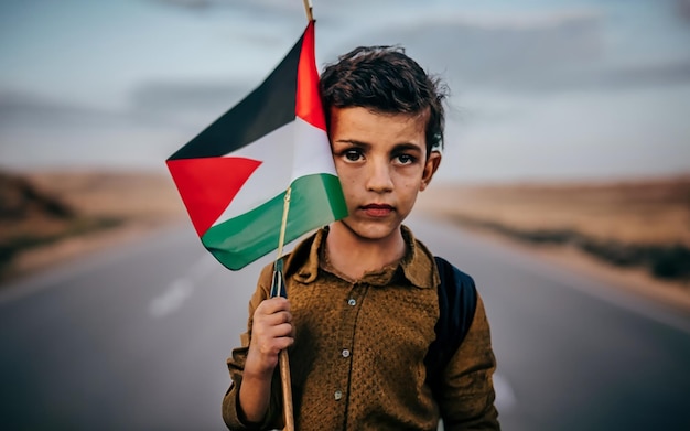 petite fille palestinienne tenant le drapeau de la Palestine libre dans une route bloquée portrait photographie cinémat