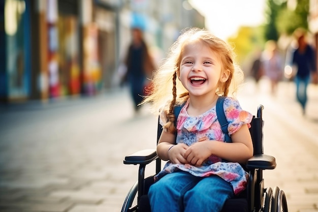 Photo une petite fille paralysée rayonne de joie dans l'espace de texte de la rue d'été
