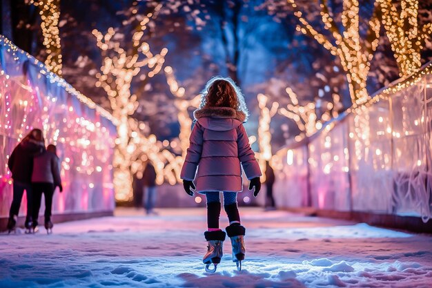 une petite fille sur une patinoire en hiver