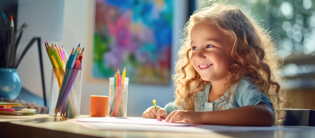 Petite fille peignant à la maison assis au bureau avec des crayons colorés et des stylos de peinture vue latérale avec espace pour copier