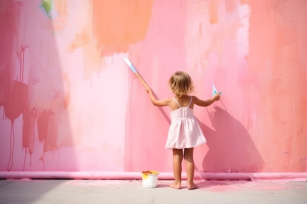 Une petite fille peignant un mur rose avec un pinceau.